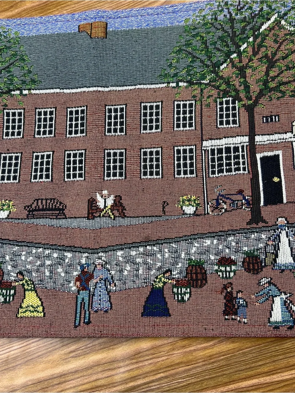 Colonial America Town Scene Tapestry Table Runner Town Common Folk Art 72” x 13”